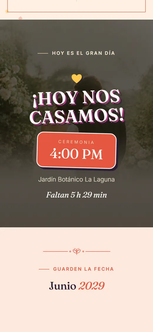 Pantalla que dice Hoy nos casamos con la hora de la ceremonia