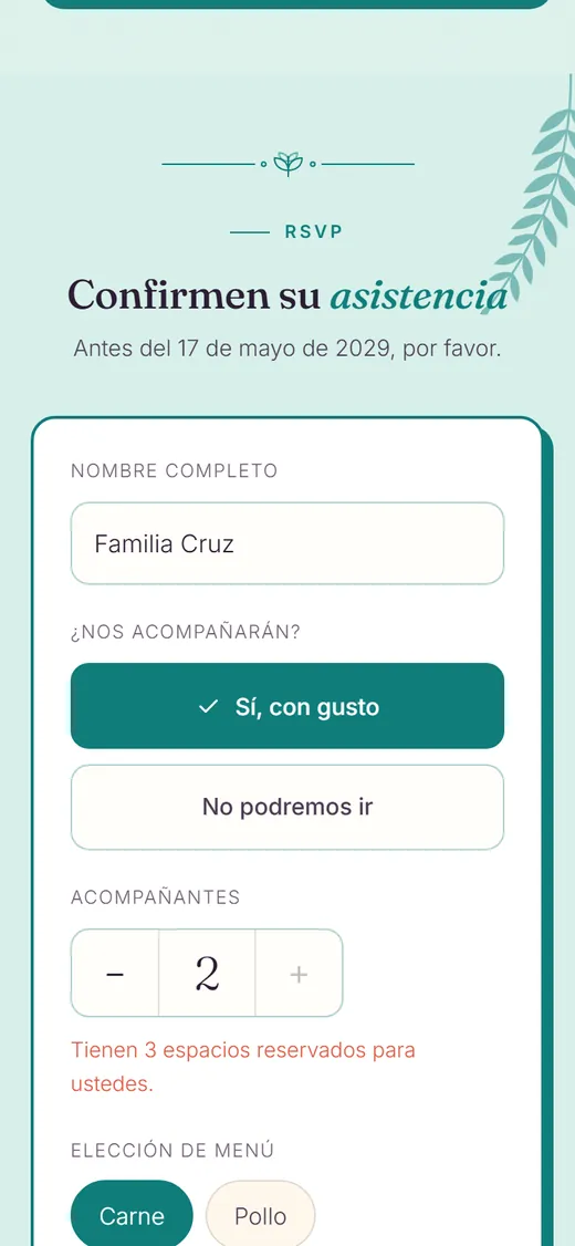 Formulario para confirmar asistencia con acompañantes y menú