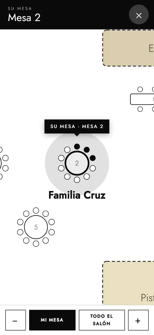 Plano del salón con la mesa del invitado señalada
